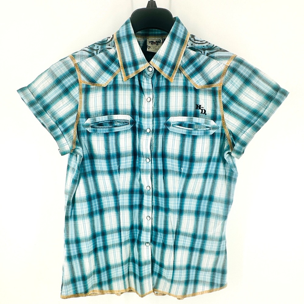 Harley Davidson Western Shirt Women Medium Turquoise Plaid Snap Embroidered EUC - Picture 2 of 8